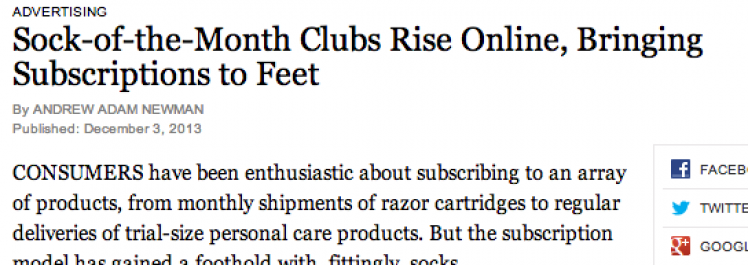New York Times: Sock-of-the-Month Clubs Rise Online, Bringing Subscriptions to Feet