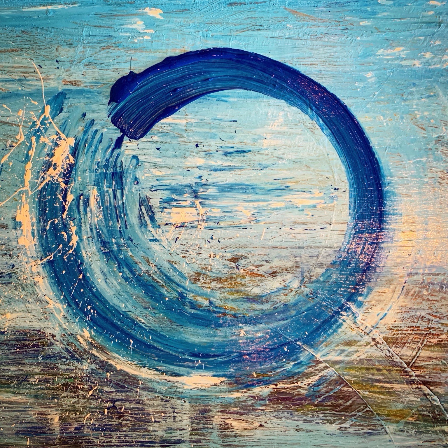 Expressive blue Ensō painting with textured brushwork