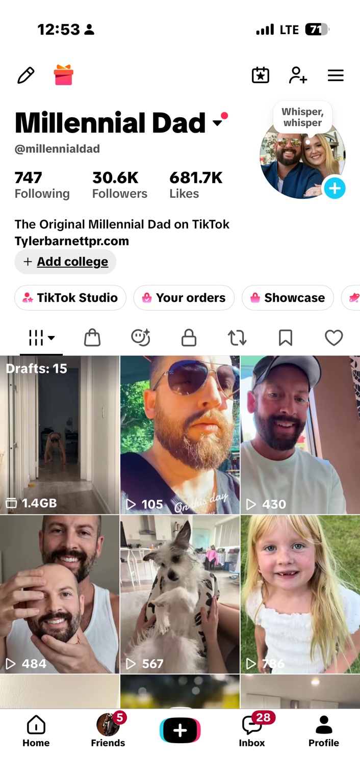 Millennial Dad TikTok profile, @millennialdad, showing a historical snapshot of 30.6K followers and 681.7K likes
