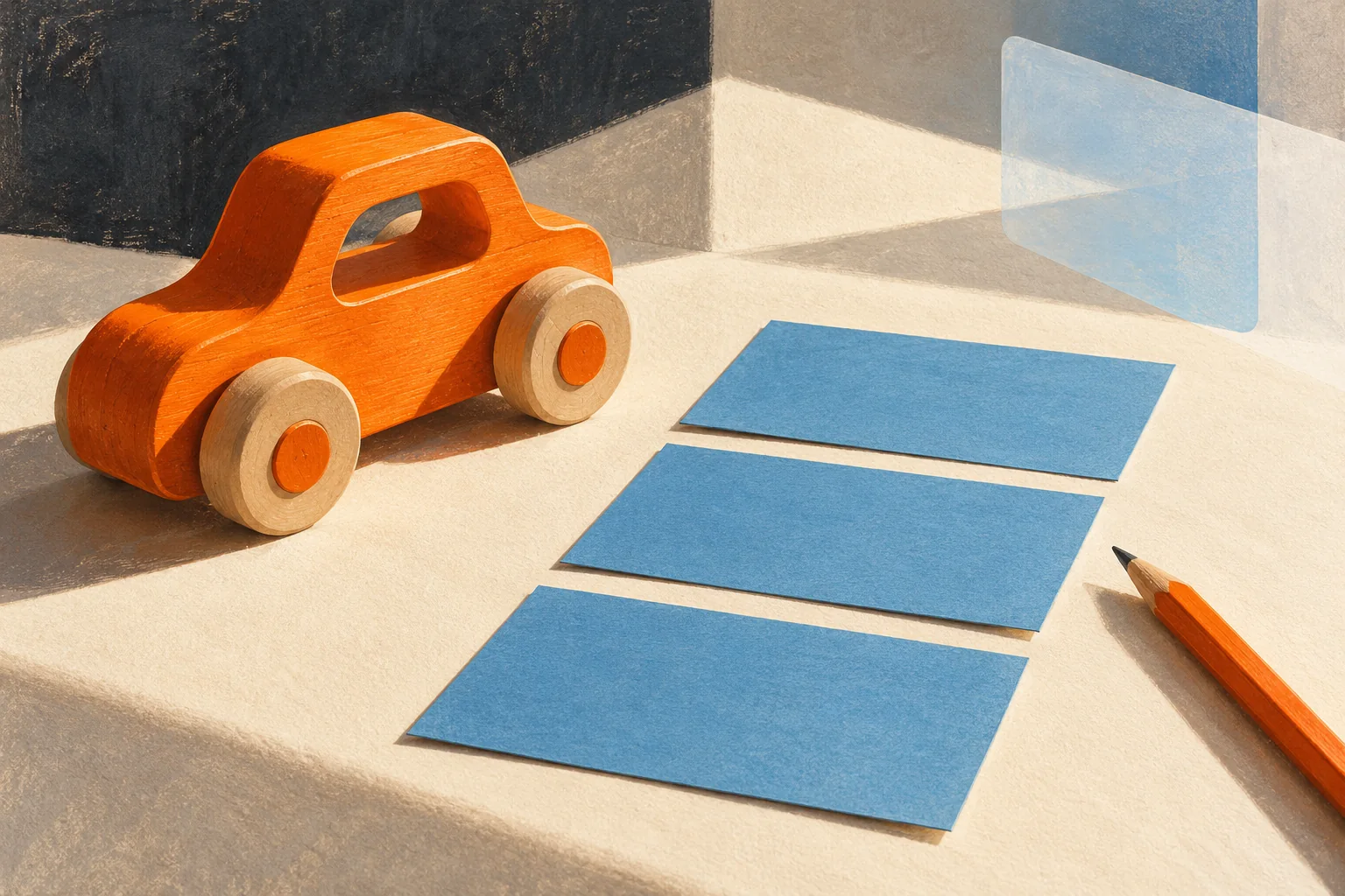 An orange wooden toy and blue information cards in a textured editorial illustration