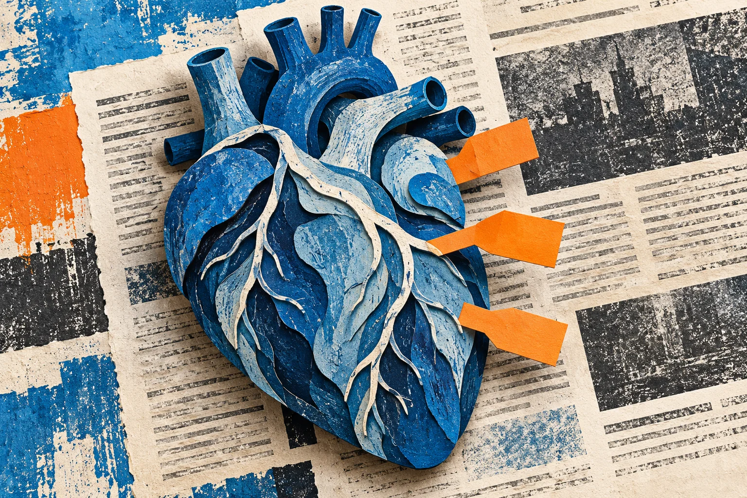 A blue paper anatomical heart with orange tabs on a textured newspaper page